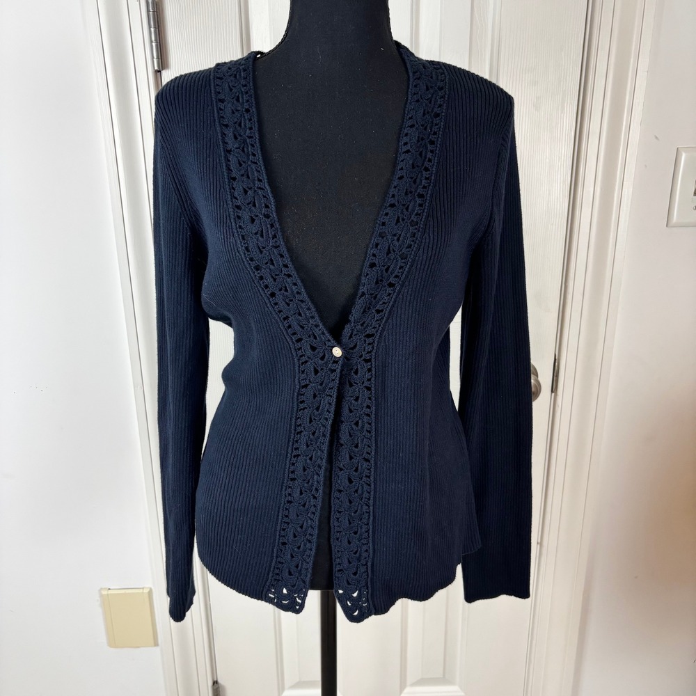 Casual Corner Navy Blue Ribbed Crochet Lace Trim Cardigan Sweater Medium